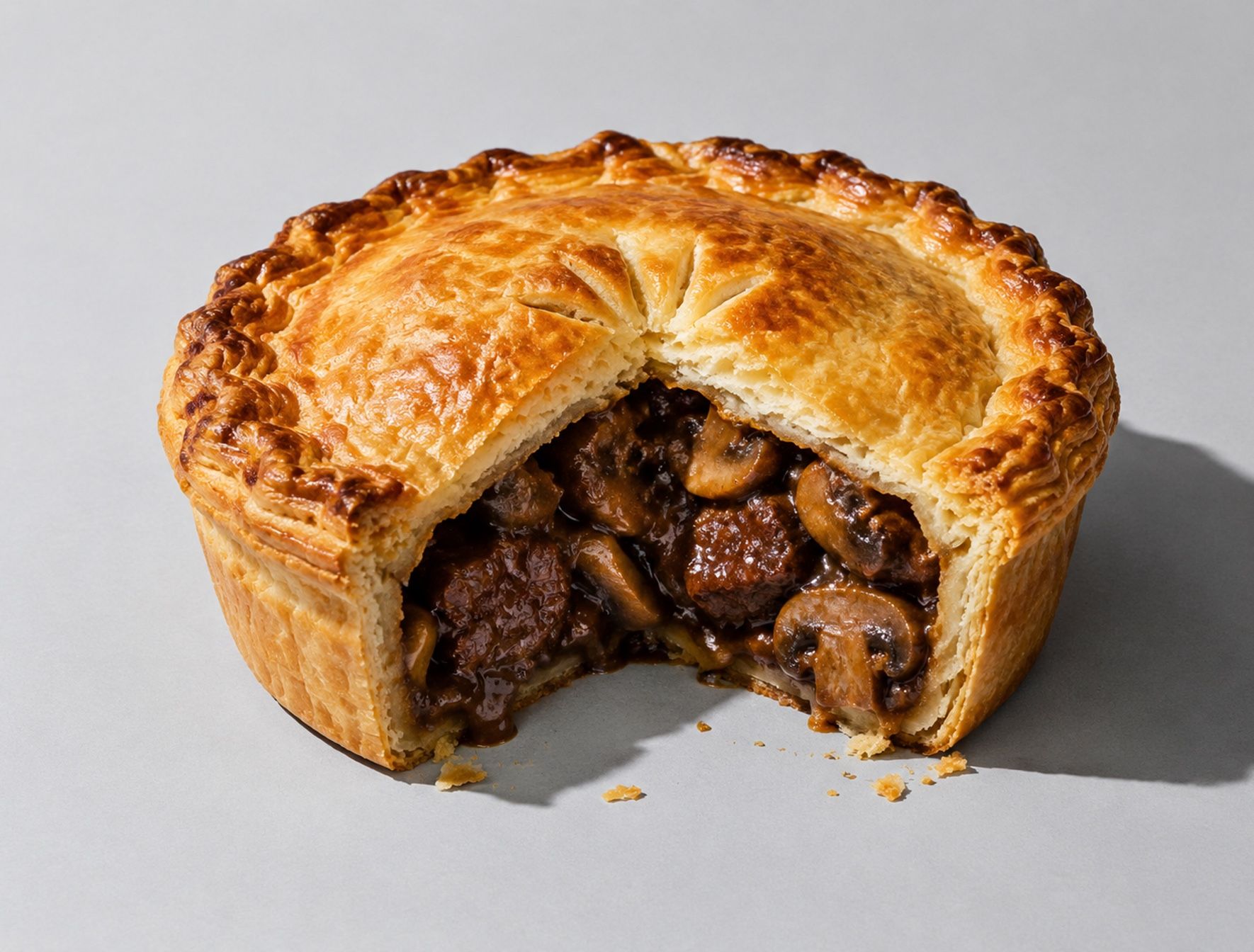 A beef and mushroom pie cut open